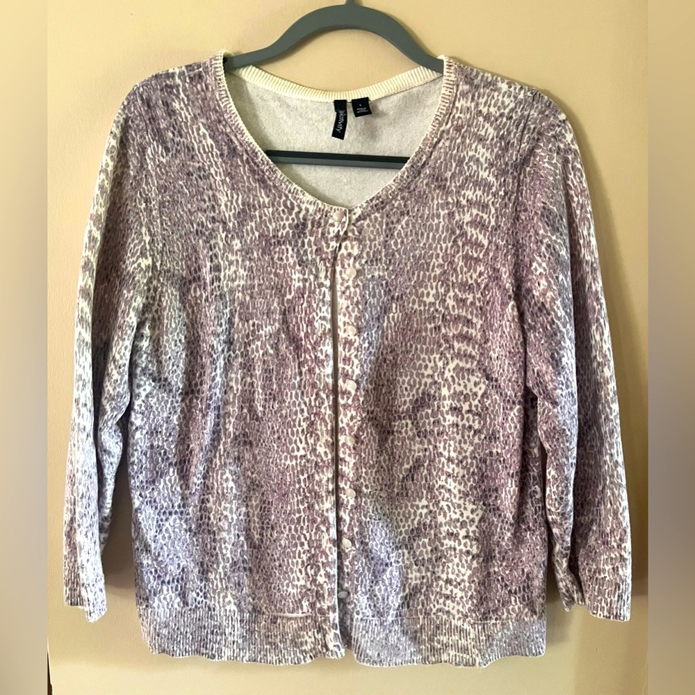 Relativity Purple Snake Print Cotton Cardigan Sweater, 3/4 Sleeve, 23" L
